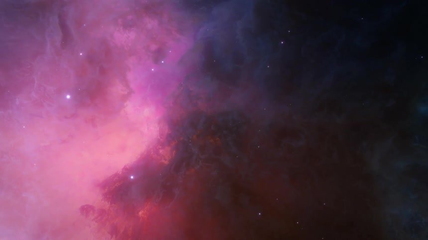 A nebula swirls with vibrant shades of pink and purple against a backdrop of deep space