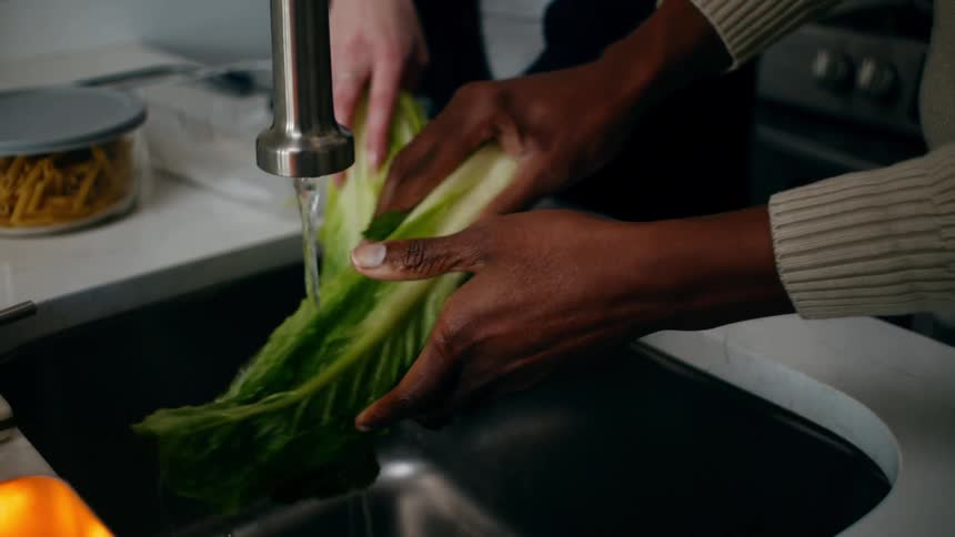 Two people are each washing a head of lettuce under a faucet