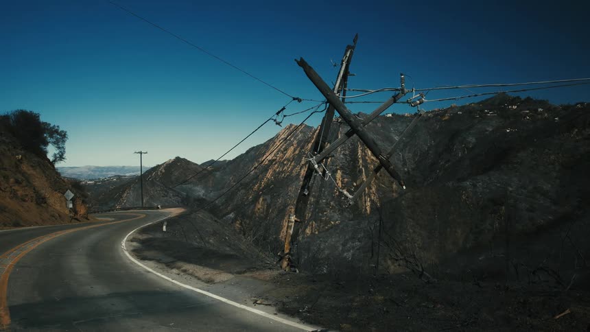 A winding road cuts through a charred landscape with a broken utility pole and dangling wires