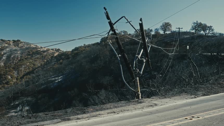 A completely destroyed light pole with the debris being held up by the power line