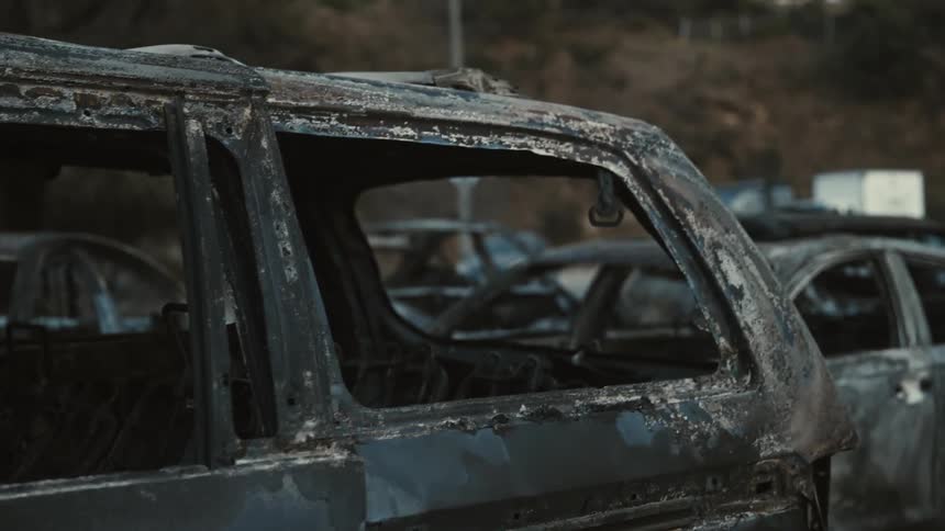 Charred remains of multiple vehicles with shattered windows and burnedout interiors parked in a lot