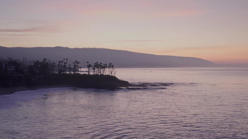 A coastline with palm trees and small waves crashing against a beach and rocks under a soft pink hued sky at dawn