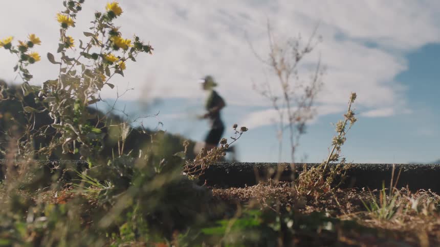 A blurred figure runs past a foreground of wildflowers against a bright sky with clouds