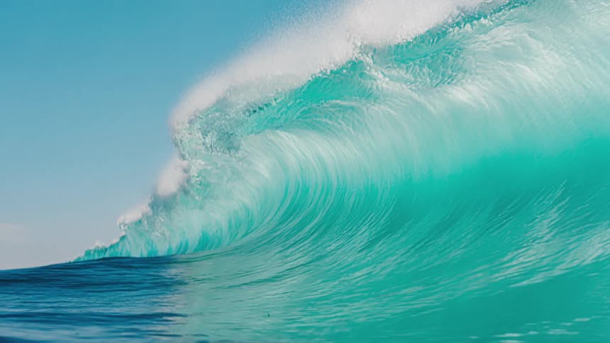 A large turquoise wave curls against a clear blue sky forming a perfect cylinder with white foam at its crest
