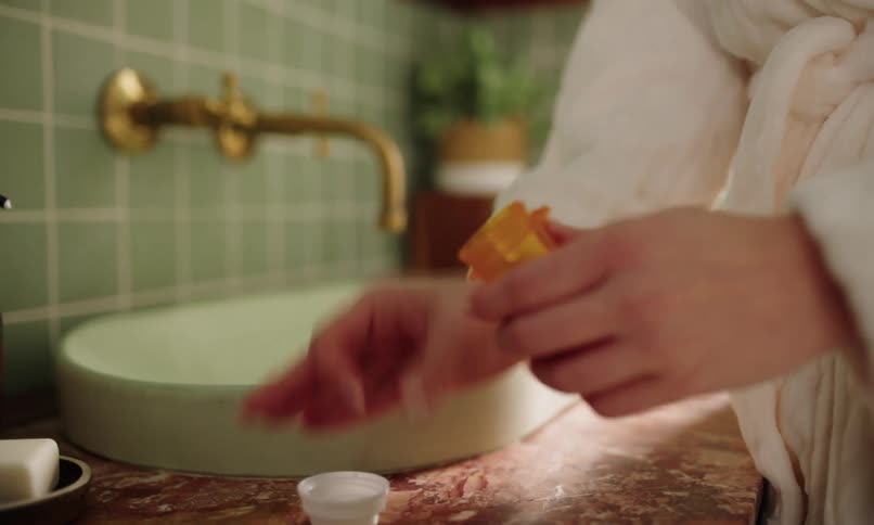 A woman in a bathrobe reaches for a yellow pill bottle with a white cap on a bathroom counter to take medication