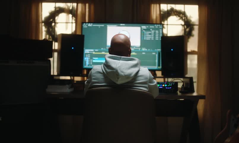 A person wearing a hoodie is sitting at a desk in front of a large computer monitor working in a dimly lit room with two wreaths hanging on the windows in the background