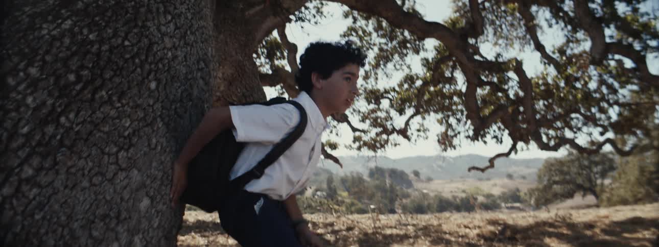 Boy running and hiding among the trees