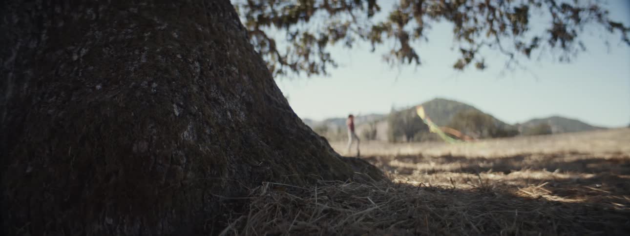 Child running through a dry field playing with a kite