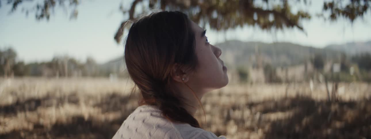 A woman is looking up at the tree branches over her head