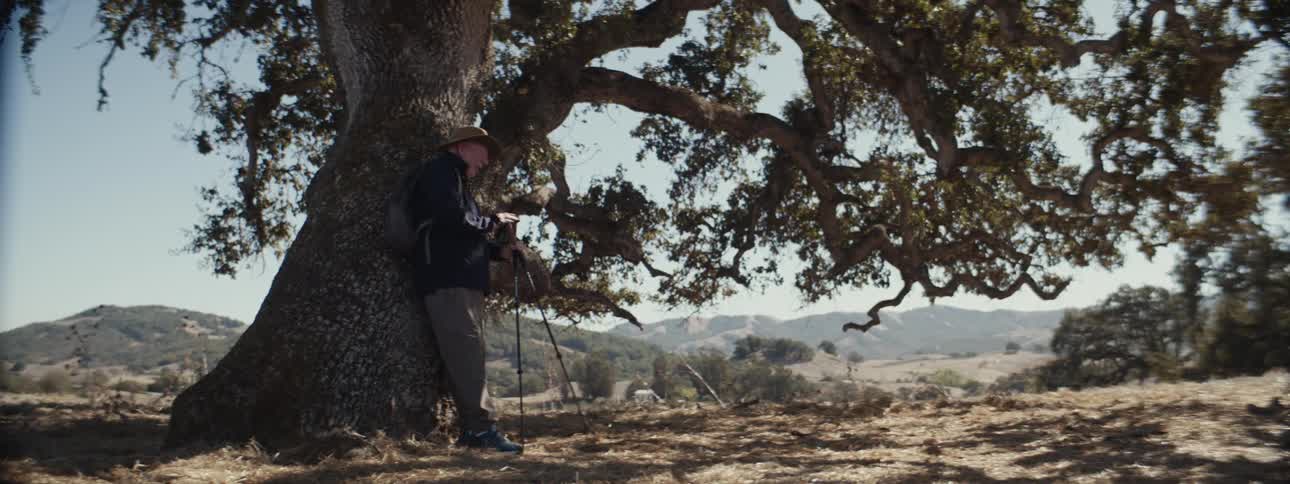 A hiker takes a moment to lean on a tree and get rest