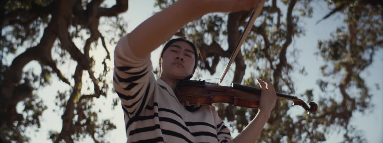 A woman is playing the violin fast under the tree