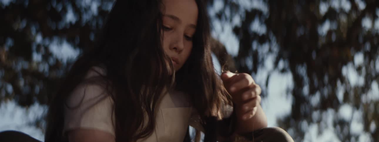 A child puts a small box down under the tree