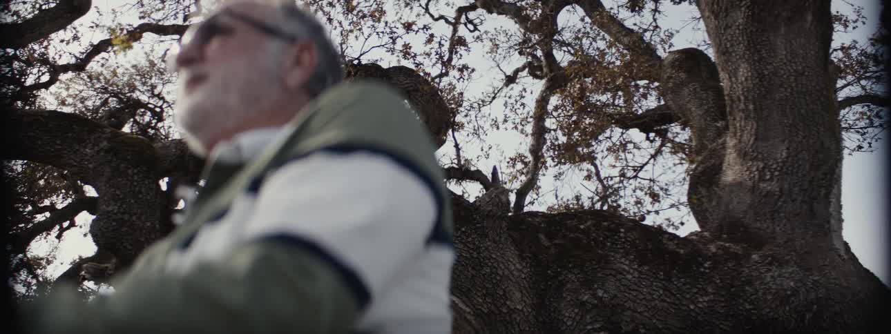 White bearded man making golf swing under a tree