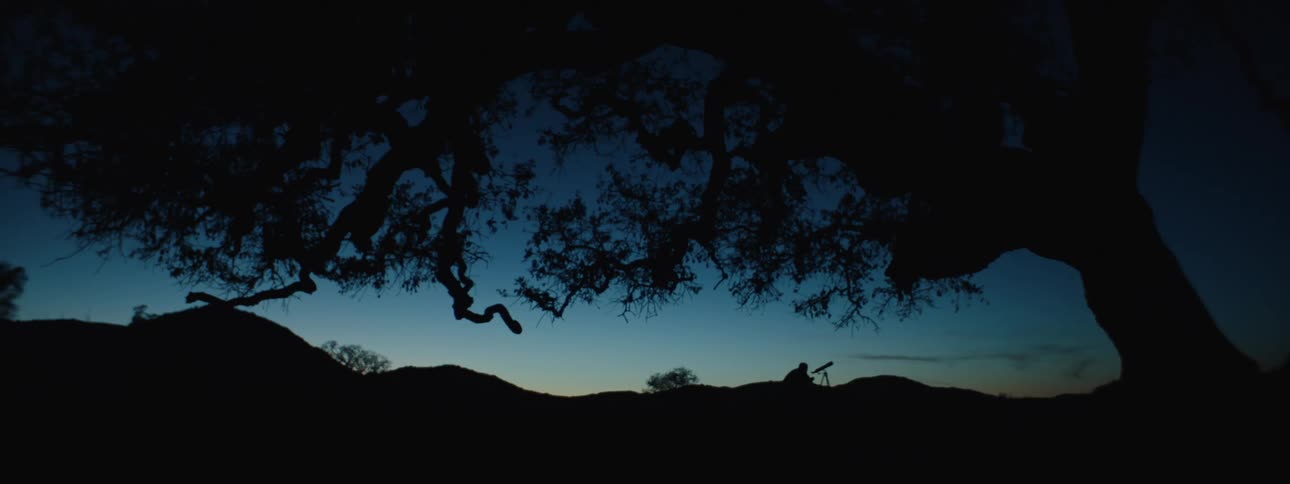 Silhouette of two people looking into a telescope while standing in a natural area at night