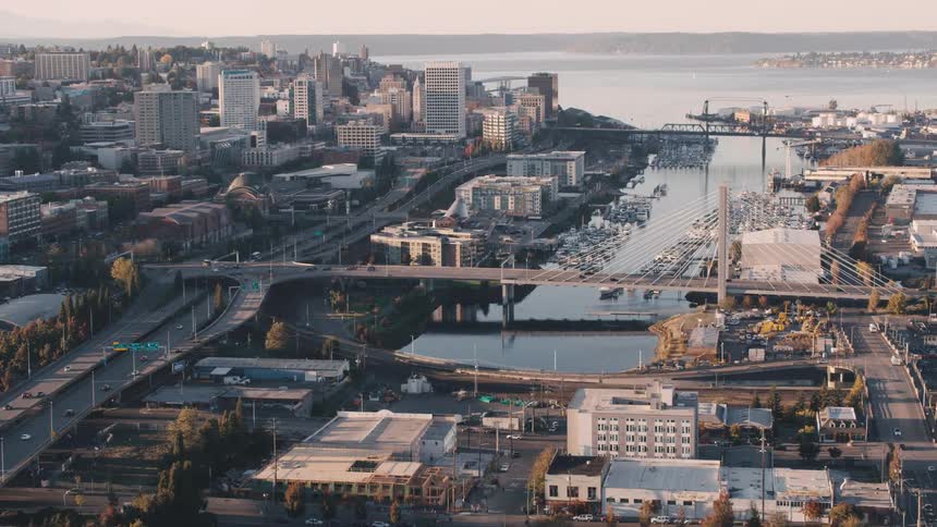 Aerial panorama of an urban city by the sea