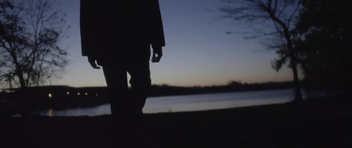 Man walking by lake at dusk