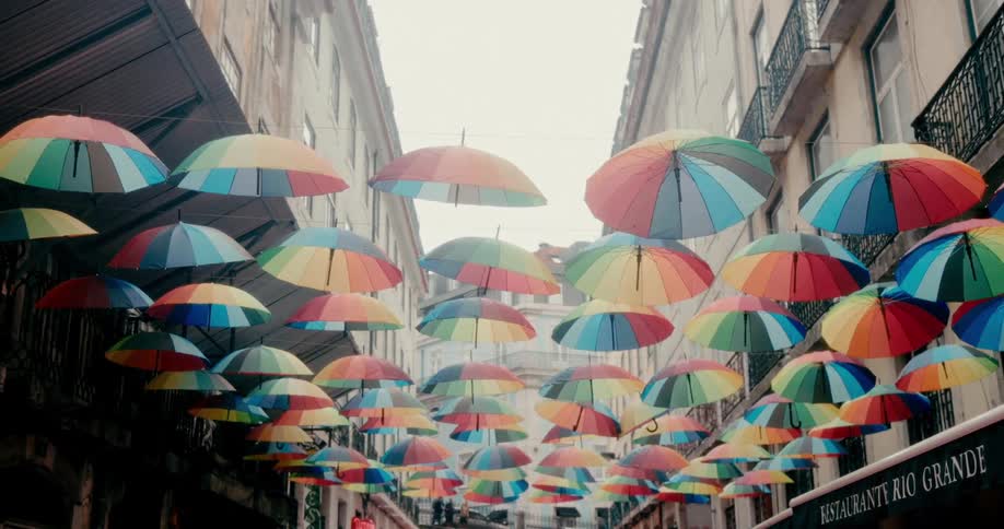 City corridor decorated with colorful umbrellas