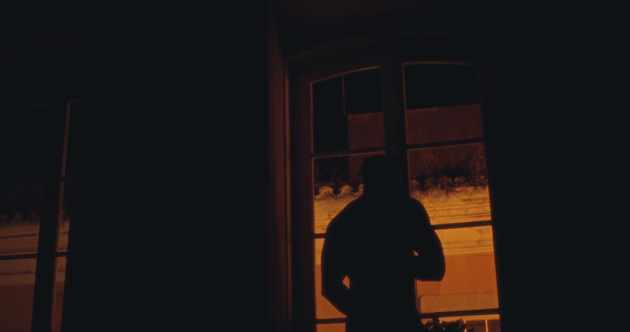 Silhouette of a man in the window of a house at night