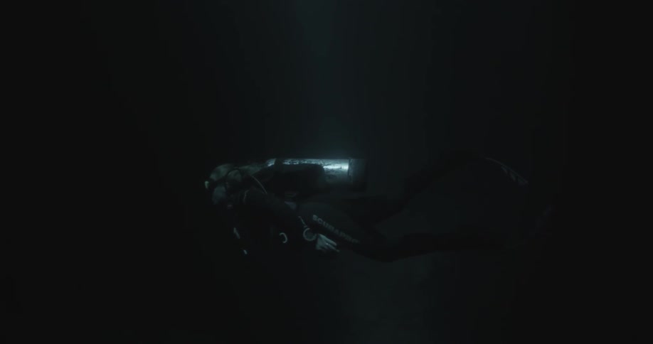 A diver is swimming in the dark waters