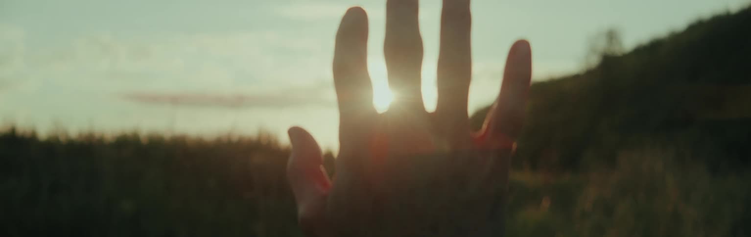 A hand is held up against the setting sun in a field