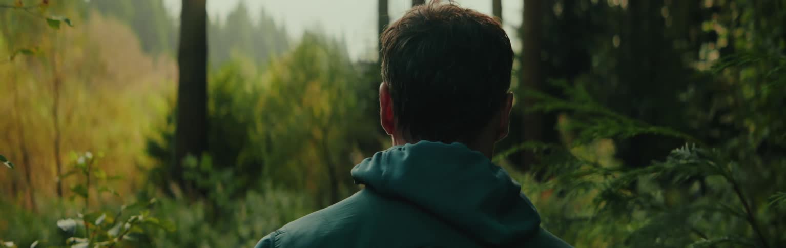 A person wearing a blue hoodie is seen from behind standing in a lush forest with tall trees and dense foliage