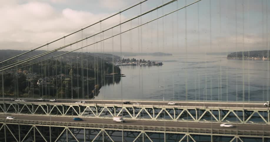 Aerial view of a long bridge over the sea with vehicle traffic