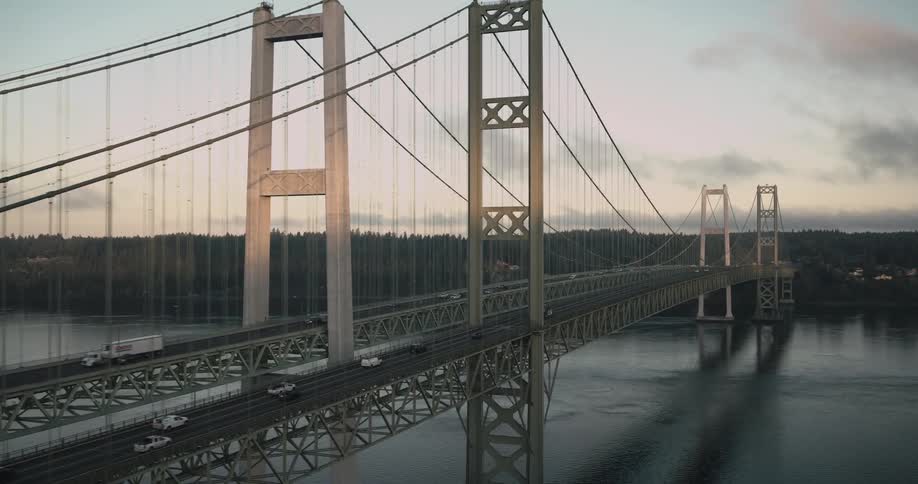 Aerial view of two long bridges over the sea with vehicle traffic