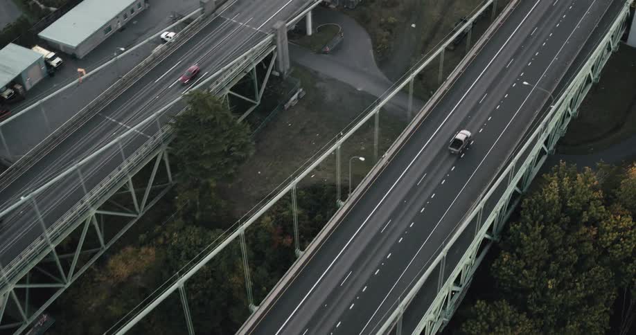 Aerial view of two bridges with vehicle traffic