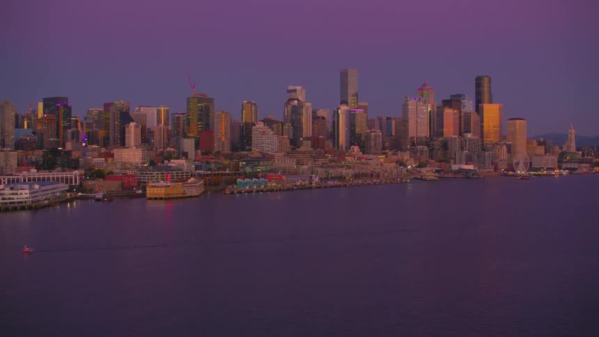 Panoramic aerial landscape of a modern seaside metropolis on a purple sky dusk