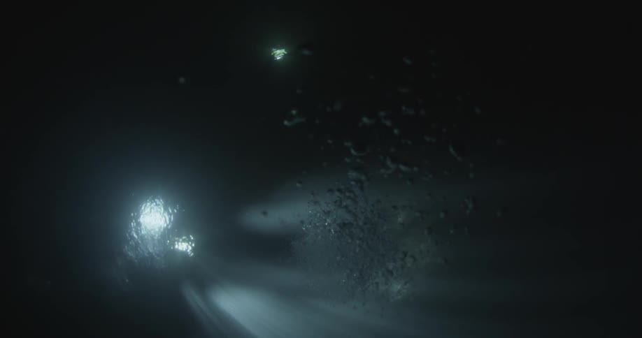 Air bubbles rising towards the surface of the water as rays of light shine down