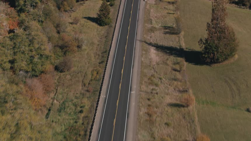 Aerial view of a straight paved road slices through a dense forest with a dusting of autumn colors