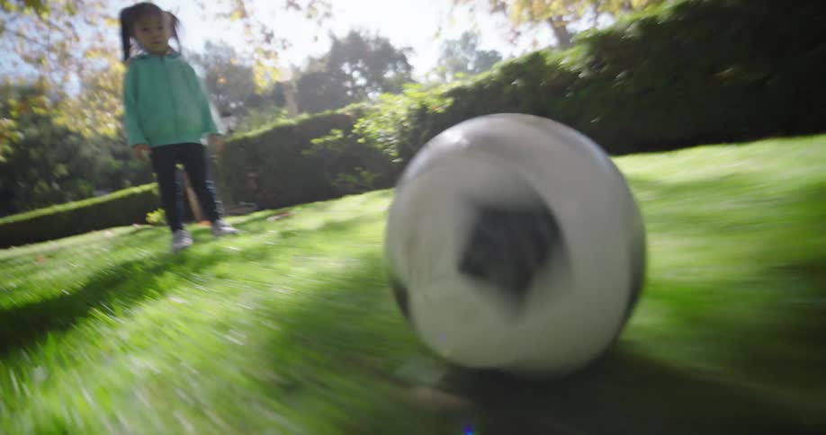 The soccer ball is kicked to a little girl