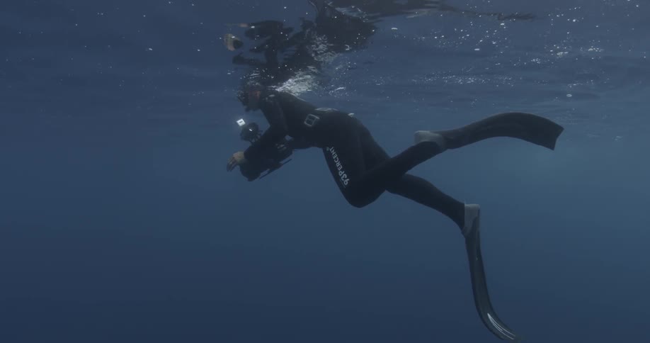A scuba diver is swimming underwater and filming things
