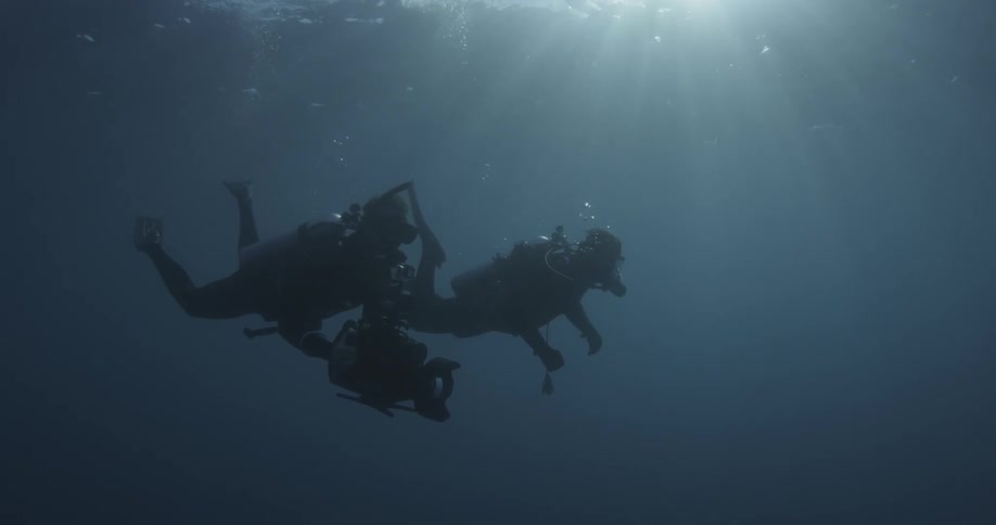 Two divers are being filmed as they descend