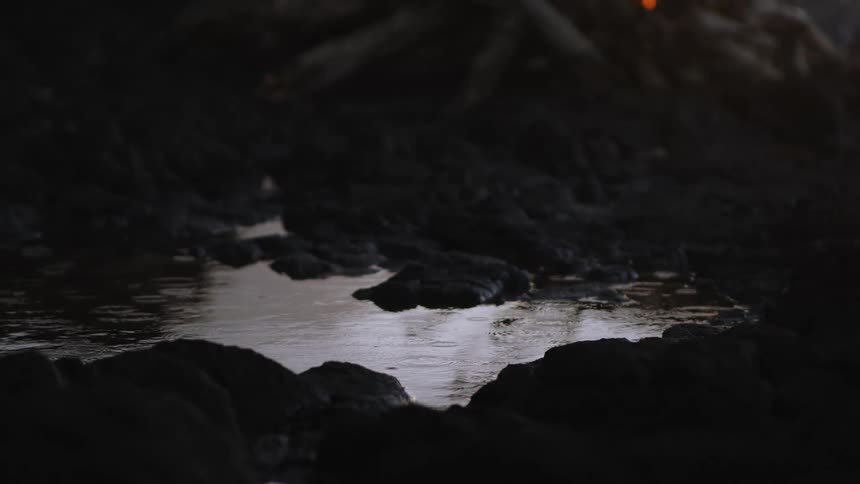 Flame glows red in a campfire built near the water during a rainfall