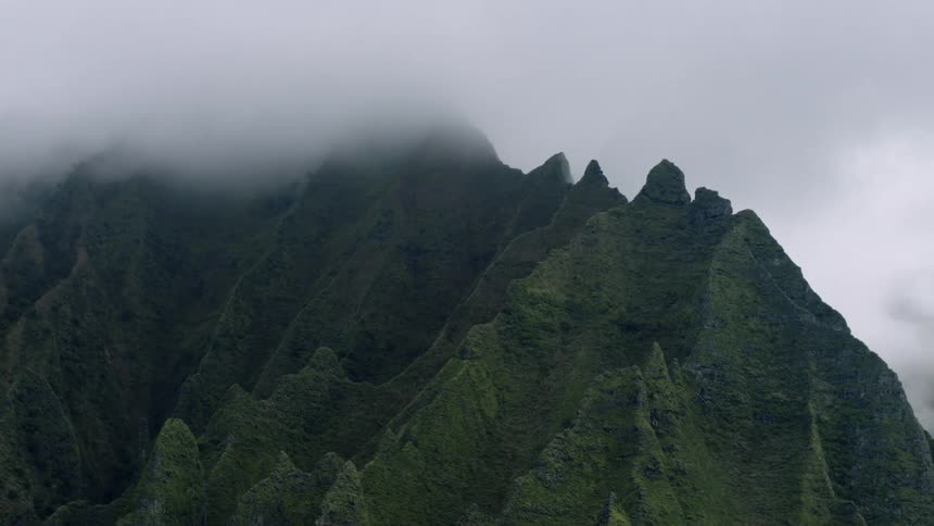 Jagged peaks of a dark green mountain range pierce a uniformly gray overcast sky