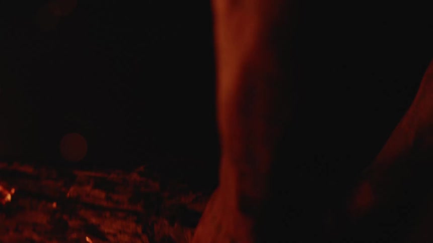 Hands of a person holding a log next to a campfire at night
