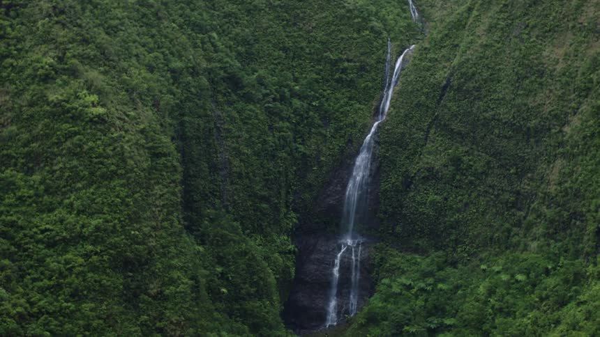A narrow white waterfall plummets down the center of a steep dark green cliff covered in dense vegetation