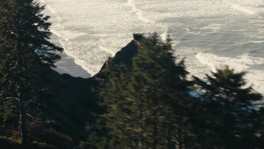 A rugged cliff juts into a misty ocean its dark silhouette contrasting with the white surf and overcast sky