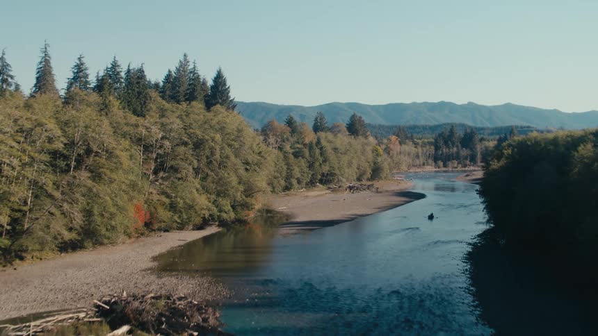 Aerial of a small group of people canoeing on a river on a sunny autumn day