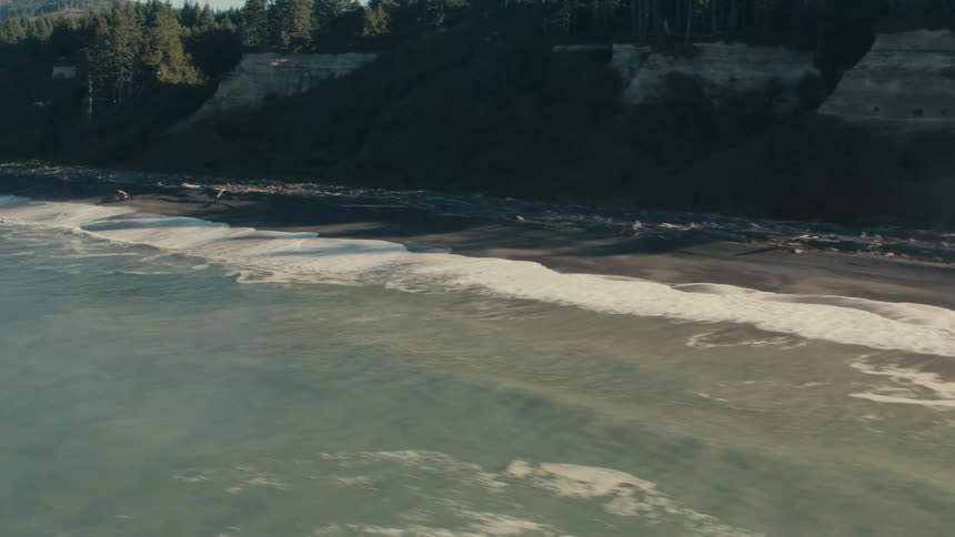 Aerial of waves rolling into the shoreline along the shoreline in a woodland area