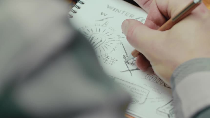A closeup of a persons hand drawing a light bulb and other sketches in a spiralbound notebook