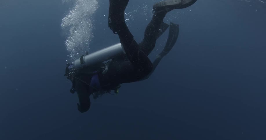 A diver is breaking the surface of the water as they swim down