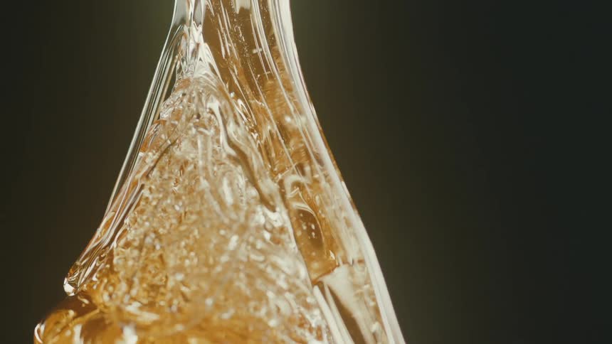 A viscous transparent blob of molten glass is being stretched vertically against a dark background