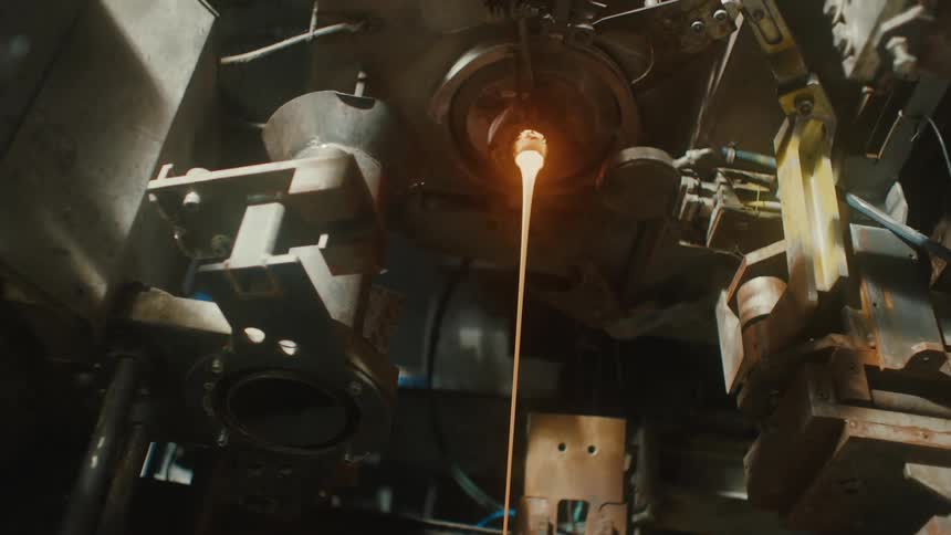 Machine pouring glass in liquid and heated state