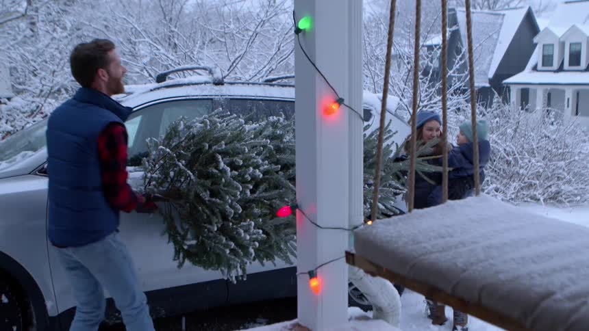 A family unloads a freshly cut christmas tree from their car on a snowy day