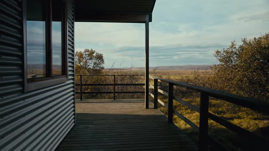 The wind blows through some shrubs by a porch