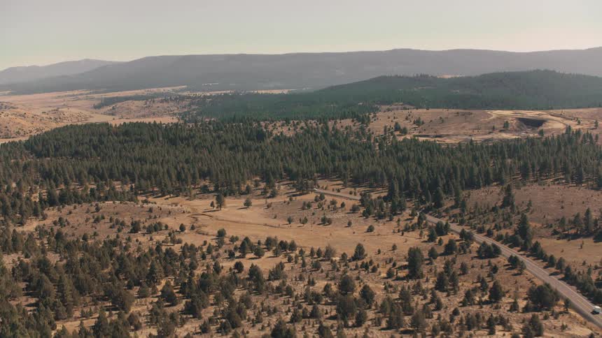 Winding road crossing a dry landscape with sparse vegetation and hills in the background