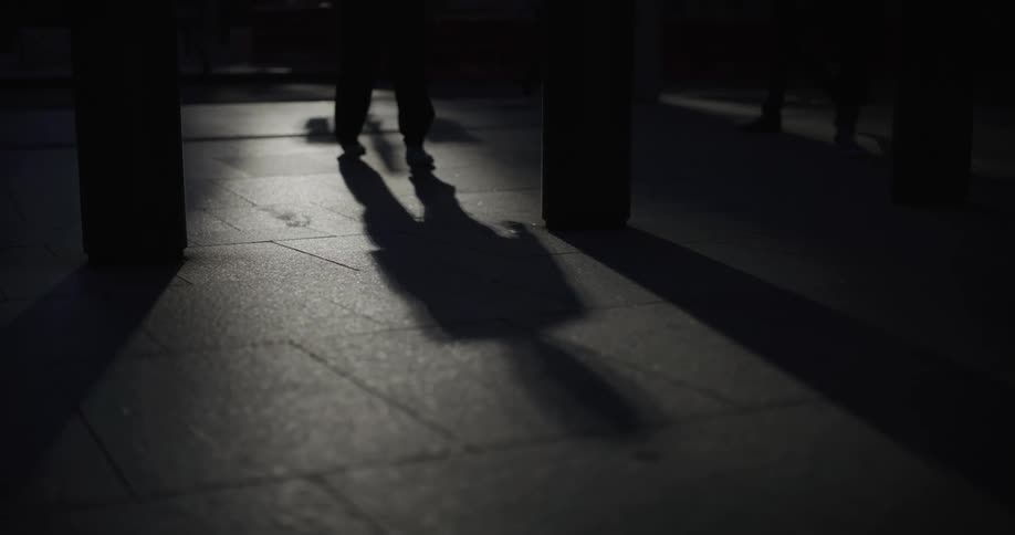 A shadow of a person walking on a tiled surface is cast by the sunlight