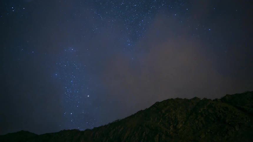 Upward view of a starry sky with the silhouette of mountains in the foreground